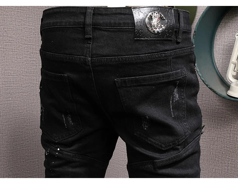 Streetwear Fashion Men Jeans Black Color Stretch Elastic Slim Fit Painted Ripped Jeans Men Patch Designer Hip Hop Pants Hombre