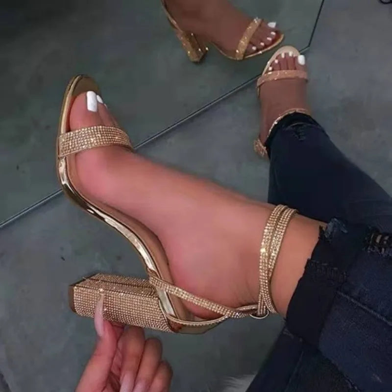 High-heeled Women's Shoes Rhinestone Thick Heels Women's Sandals High Heels Buckle Strap Shoes Women's Large Size 43
