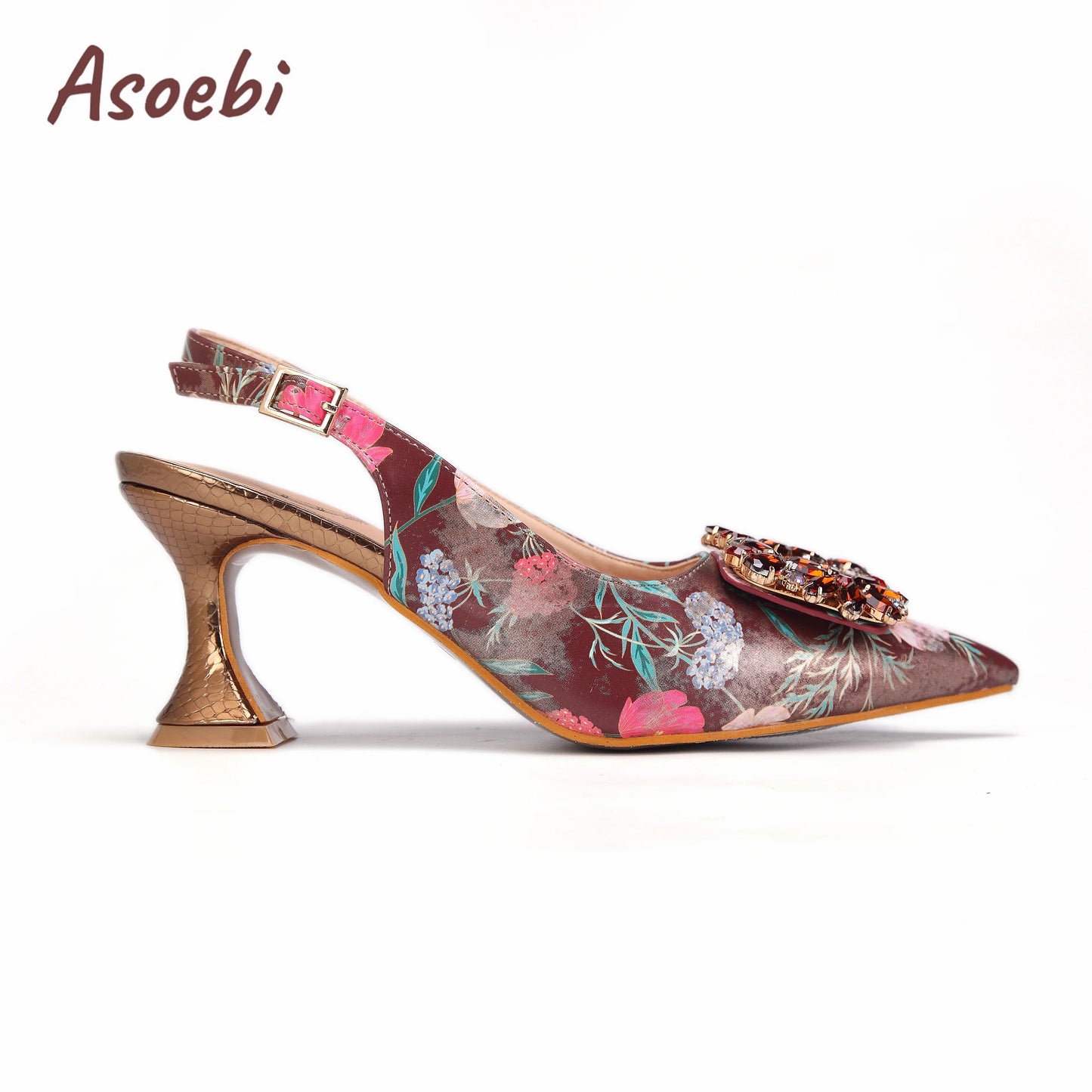 Women High Heels Sandals Printing Flower Material with Rhinestone Italian Design Coffee Color Pointed Toe Shoes and Bags Set