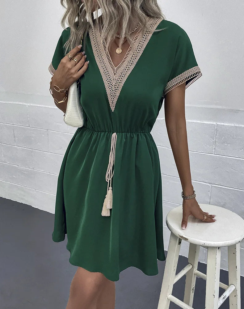 High Quality Dress Women Summer 2024 Casual Hollow Lace Patchwork V-neck Short Dress Tassels Tied Waist Belt Vintage Vestido Y2k