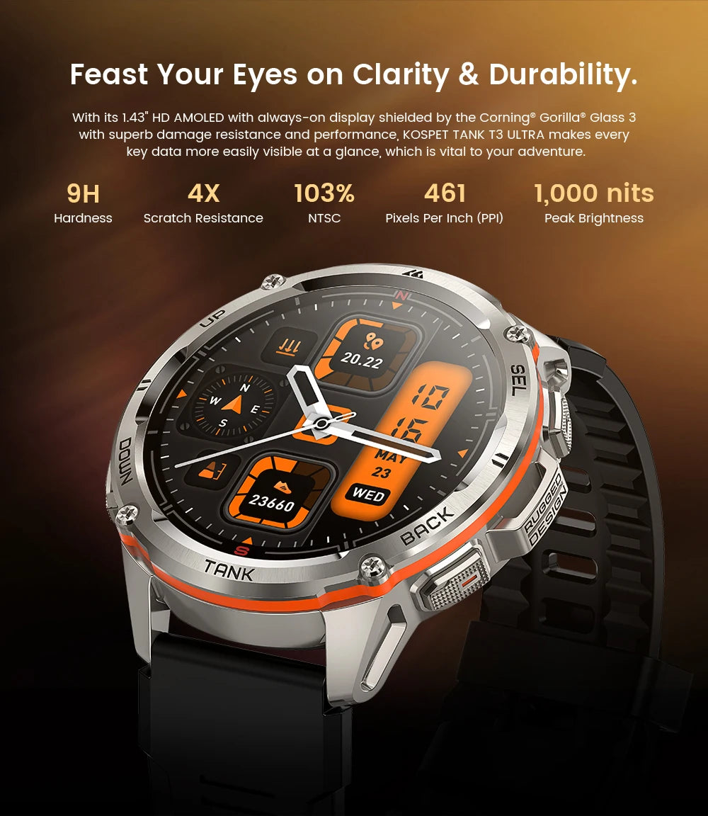 2024 Original KOSPET TANK T3 Ultra GPS Smartwatch For Men Women Waterproof Smart Watches Military Rugged Bluetooth Digital Watch
