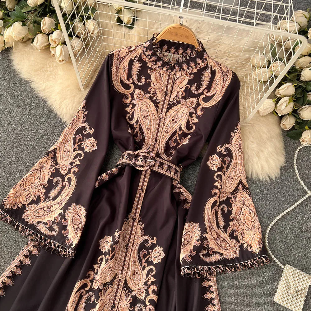 Spring Autumn Retro Long Dress Women Standing Neck Flared Sleeve Printed Party Dresses Ladies Slim A-line Court Style Long Robe