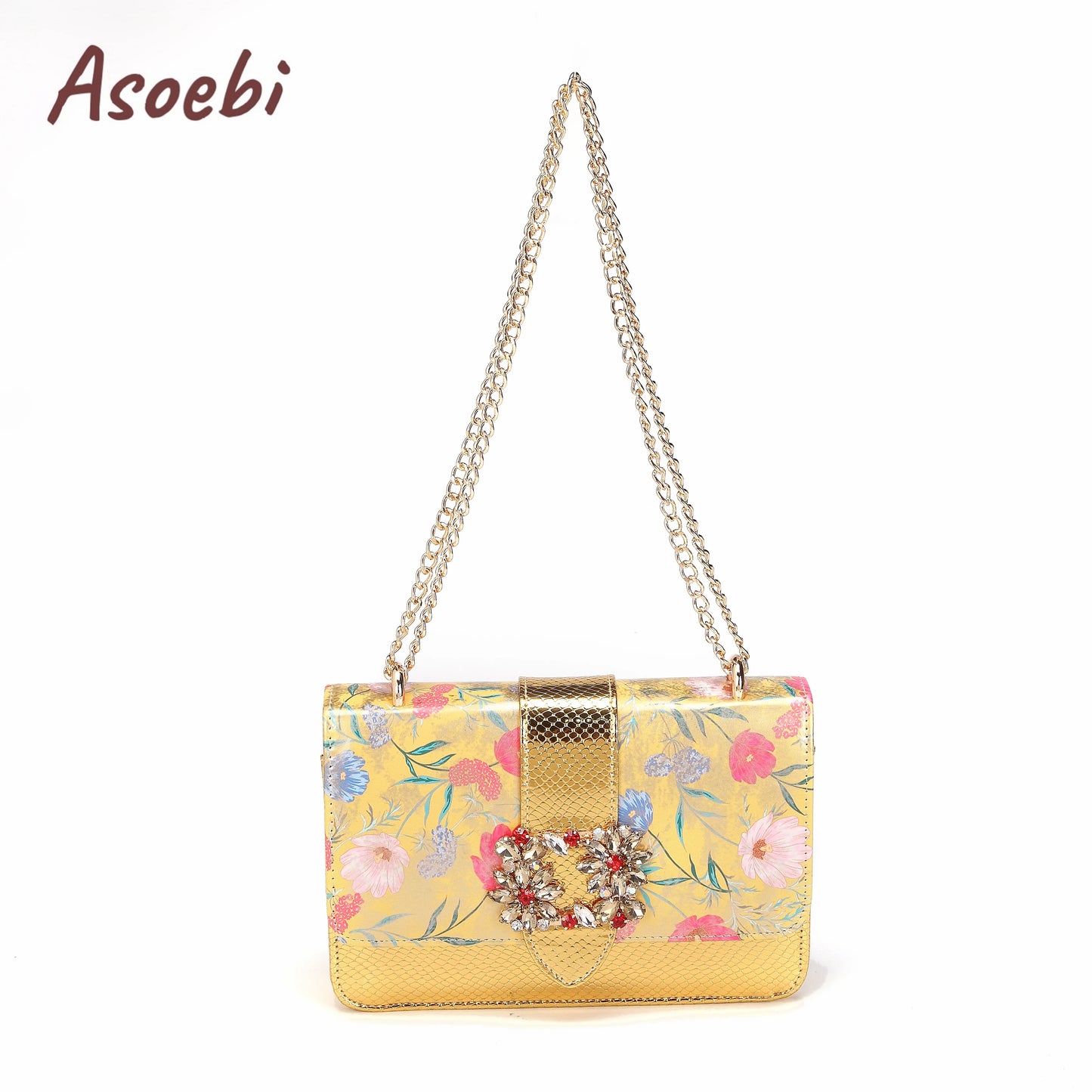 Women High Heels Sandals Printing Flower Material with Rhinestone Italian Design Coffee Color Pointed Toe Shoes and Bags Set
