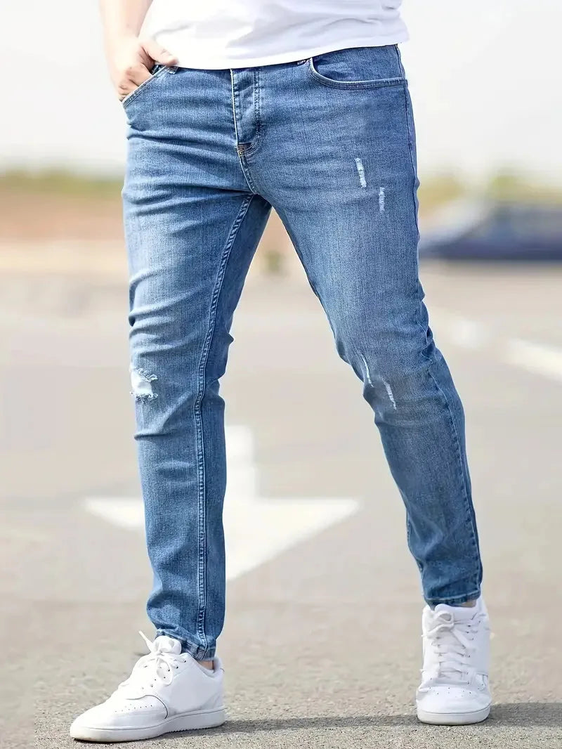 Distressed Men Jeans Denim Holes Skinny Vintage Wash Solid Pencil Pants 2024 Ankle Length Sheath Punk Style Pockets Slim