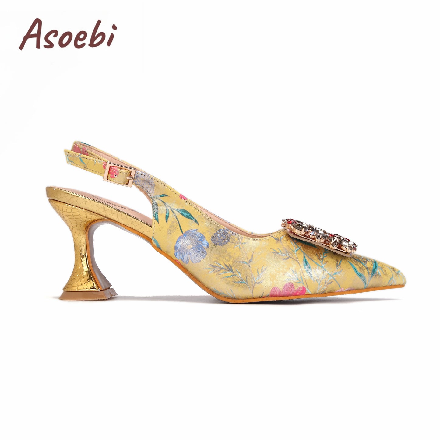 Women High Heels Sandals Printing Flower Material with Rhinestone Italian Design Coffee Color Pointed Toe Shoes and Bags Set