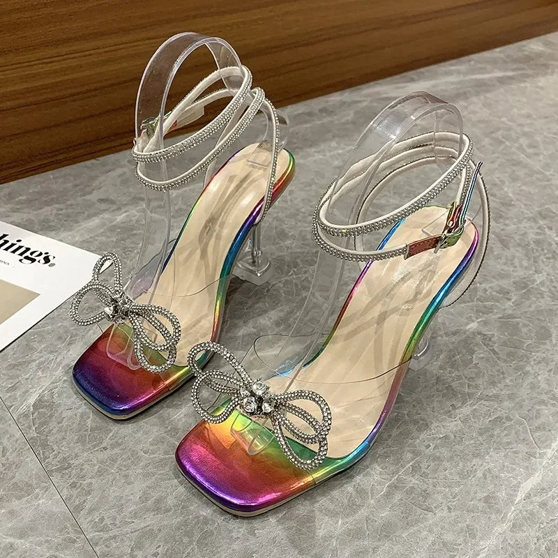 Sexy Rhinestone Bowknot Women's Sandals Jelly Transparent High Heels Summer Ankle Buckle Strap Party Shoe
