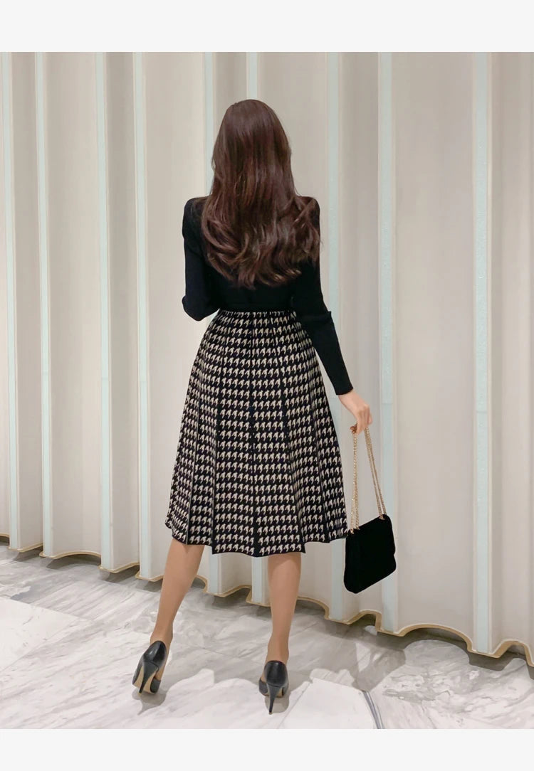 Korean Elegant Knitted Plaid Patchwork Midi Dress for Women Long Sleeve O-neck Bird Lattice Bow Pleated Dress Autumn Winter 2023