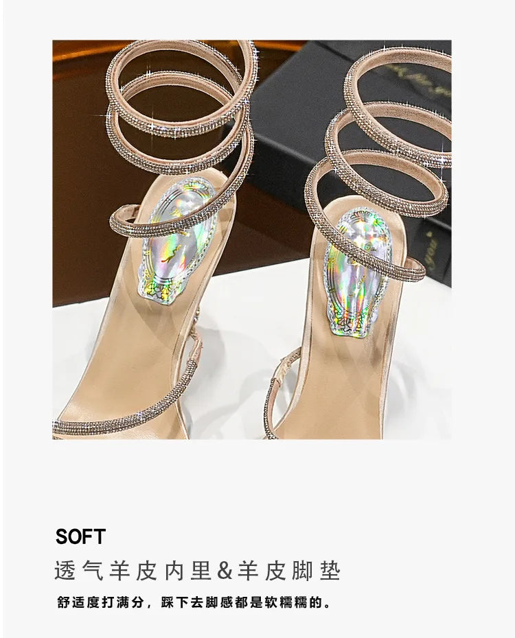Summer new round toe waterproof table snake-shaped rhinestone women's shoes thin high-heeled banquet dress versatile sexy sandal