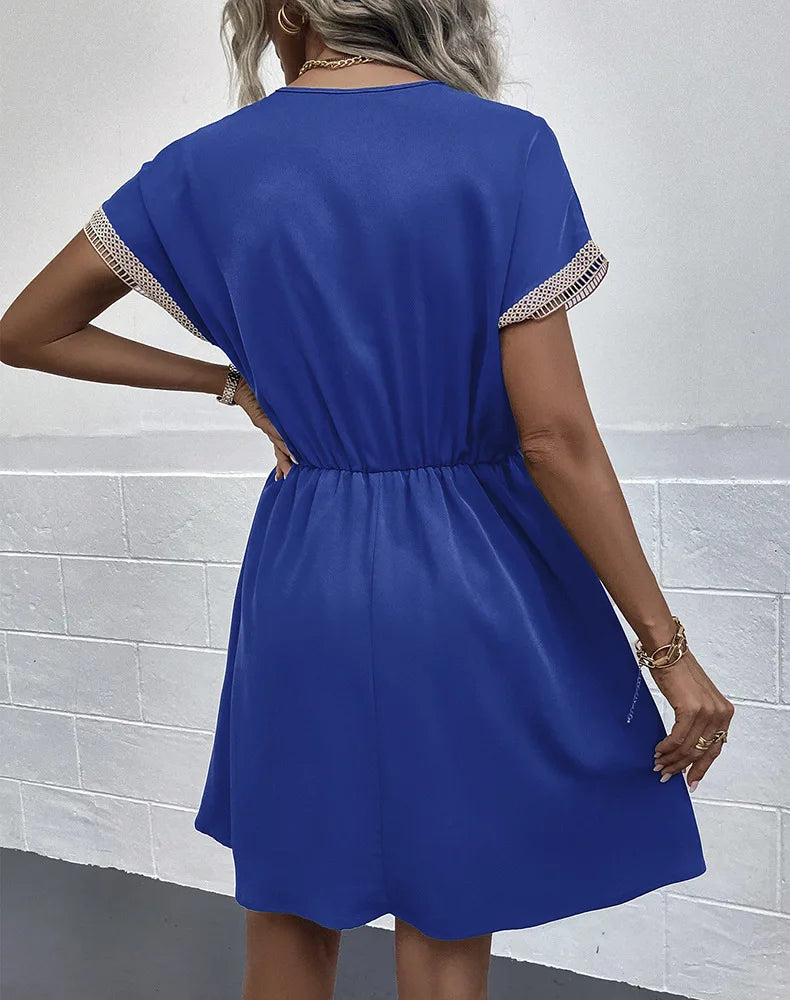 High Quality Dress Women Summer 2024 Casual Hollow Lace Patchwork V-neck Short Dress Tassels Tied Waist Belt Vintage Vestido Y2k