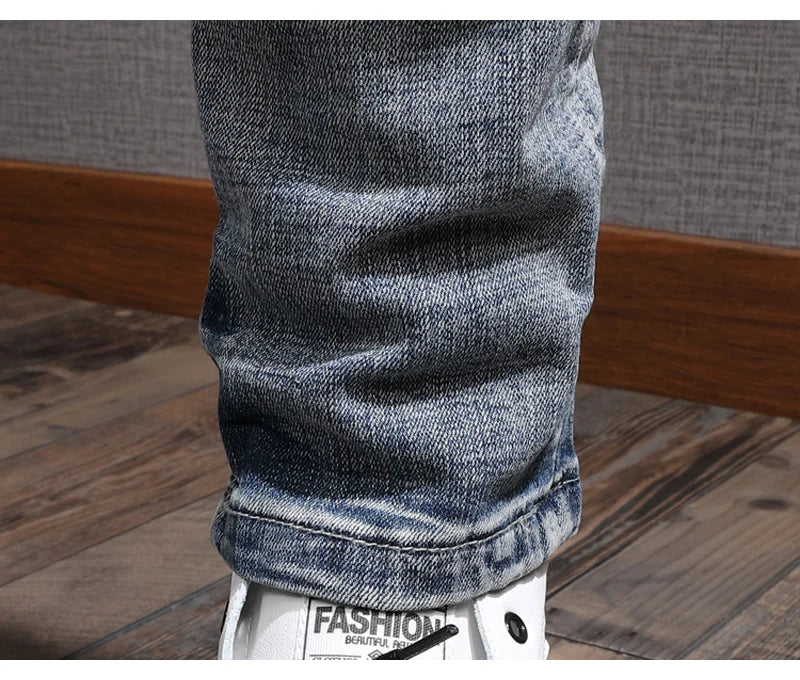 Fashion Designer Men Jeans Retro Light Blue Stretch Slim Fit Printed Ripped Jeans Men Hole Trousers Vintage Casual Pants Hombre