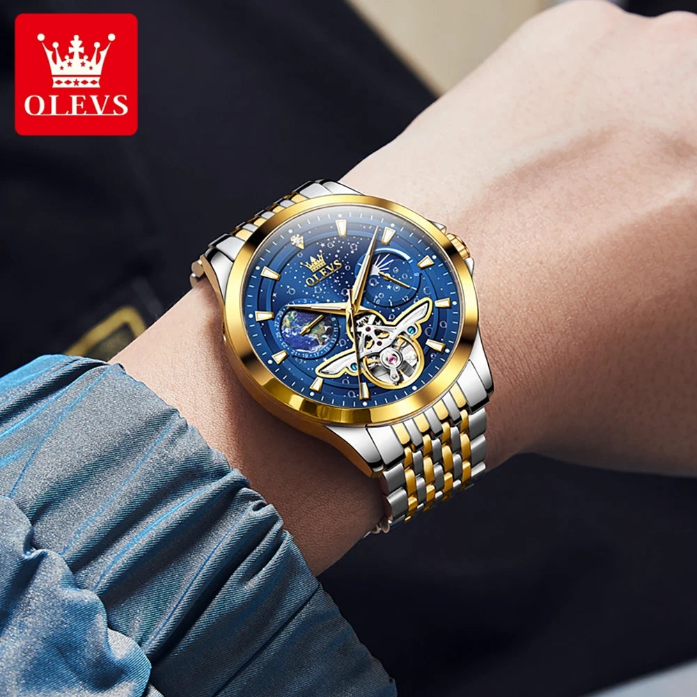 OLEVS Luxury Brand Men's Watches Luminous Waterproof Fully Automatic Mechanical Watch Starry Sky Dial Moon Phase Hollow Out