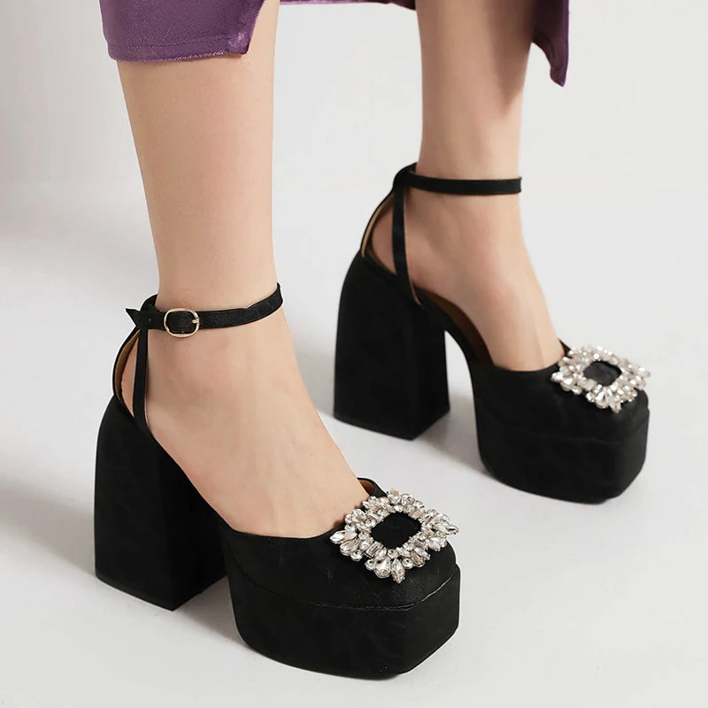 Plus Size Square Toe Super High Thick Heel Rhinestone Decal Hollow Sexy Women's Sandals Satin Fabric Ankle Strap Platform Sandal