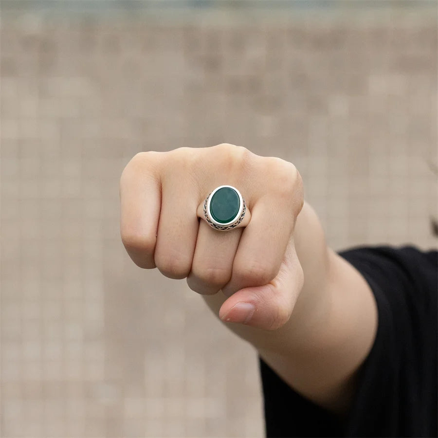100% Solid Real S925 High Quality 8g Pure Silver Men Ring Agate Green Fashion Couple Gift