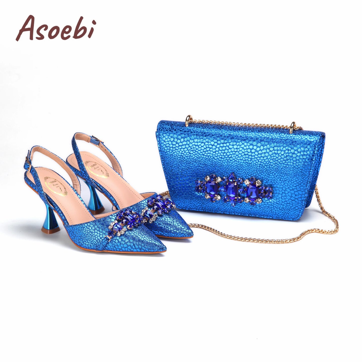 Gold Sandals for Women 2024 Luxury Wedding Pumps High Heels Rhinestone Design Party Shoes and Bags Set for Wedding Party