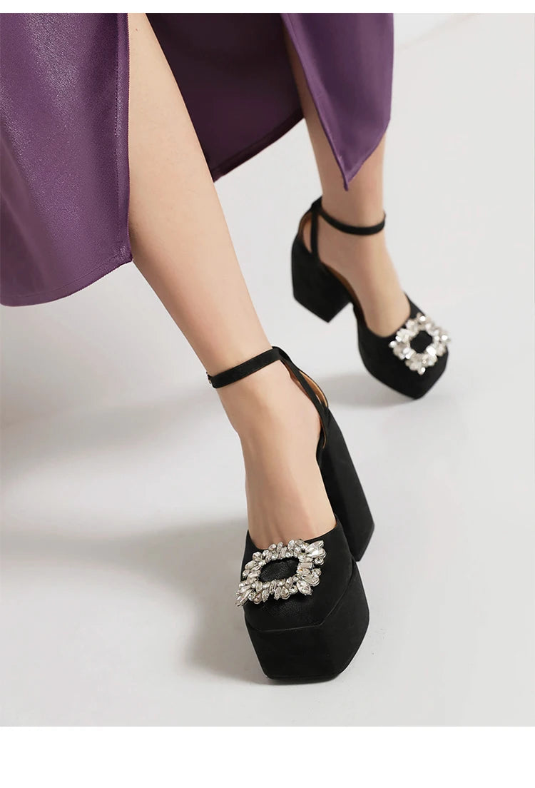 Plus Size Square Toe Super High Thick Heel Rhinestone Decal Hollow Sexy Women's Sandals Satin Fabric Ankle Strap Platform Sandal