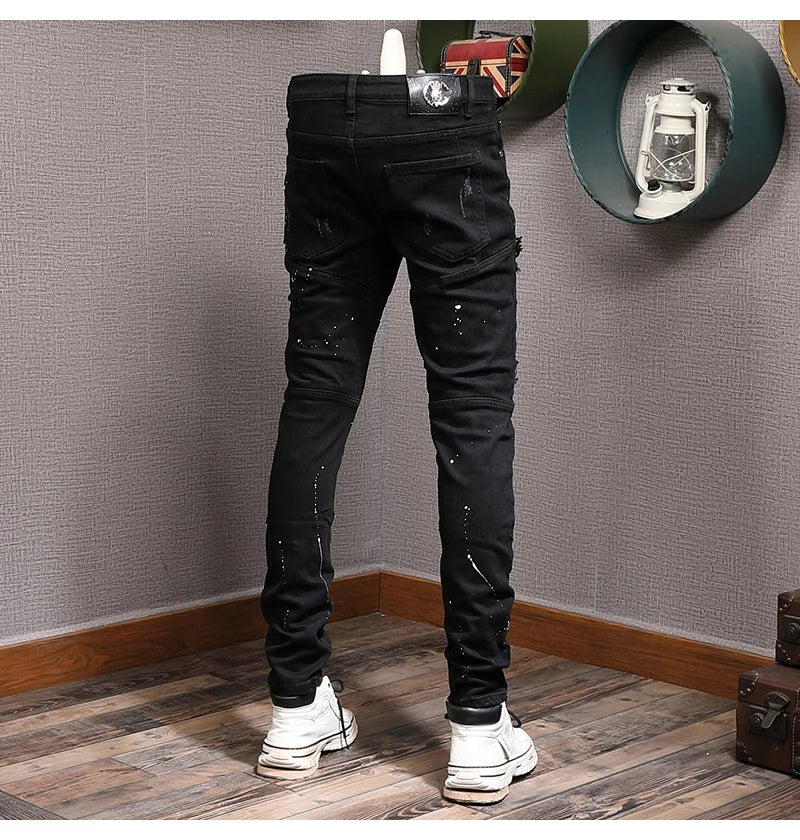 Streetwear Fashion Men Jeans Black Color Stretch Elastic Slim Fit Painted Ripped Jeans Men Patch Designer Hip Hop Pants Hombre