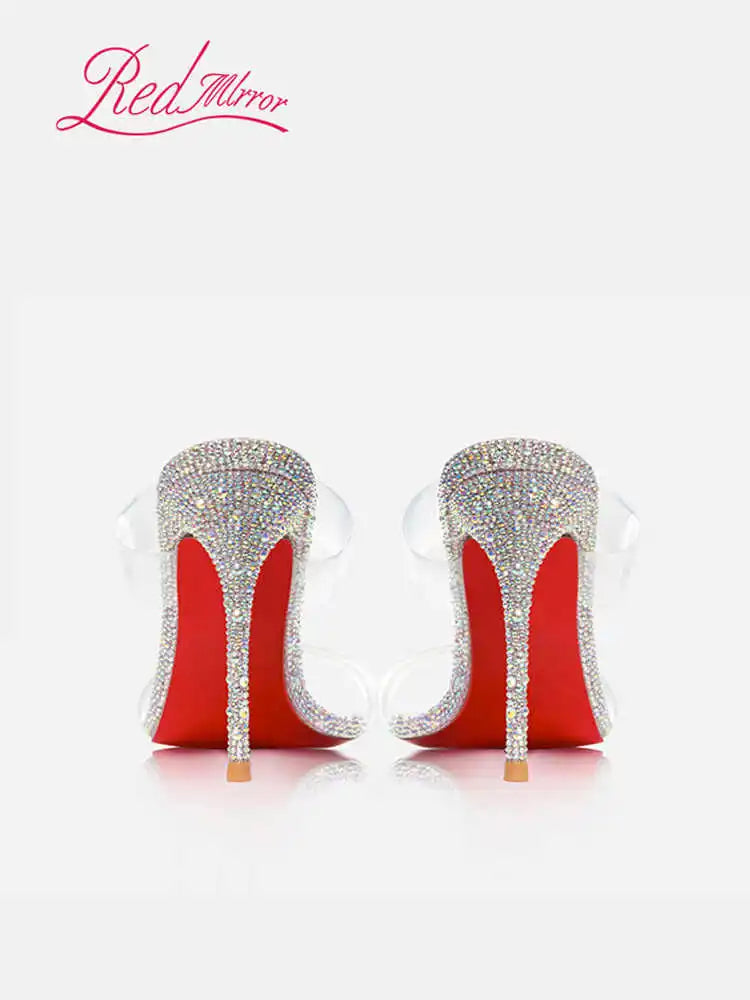 Transparent PVC Rhinestone Women's sandals Red Shiny Bottoms heeled sandals trend 2024 High-heeled slippers Luxury party women