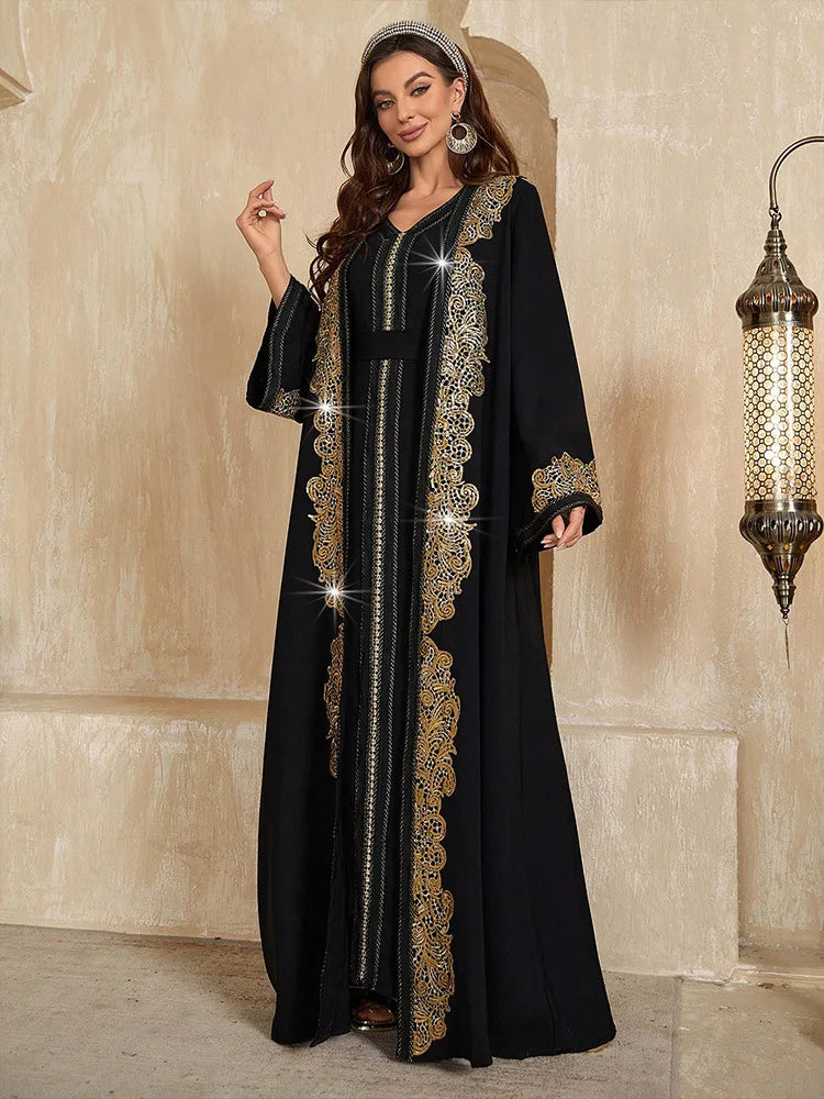 Dubai Morocco Women Long Dress Kimono Open Abaya Muslim Matching Set 2 Pieces Eid Ramadan Kaftan Turkey Islam Clothing Musulman