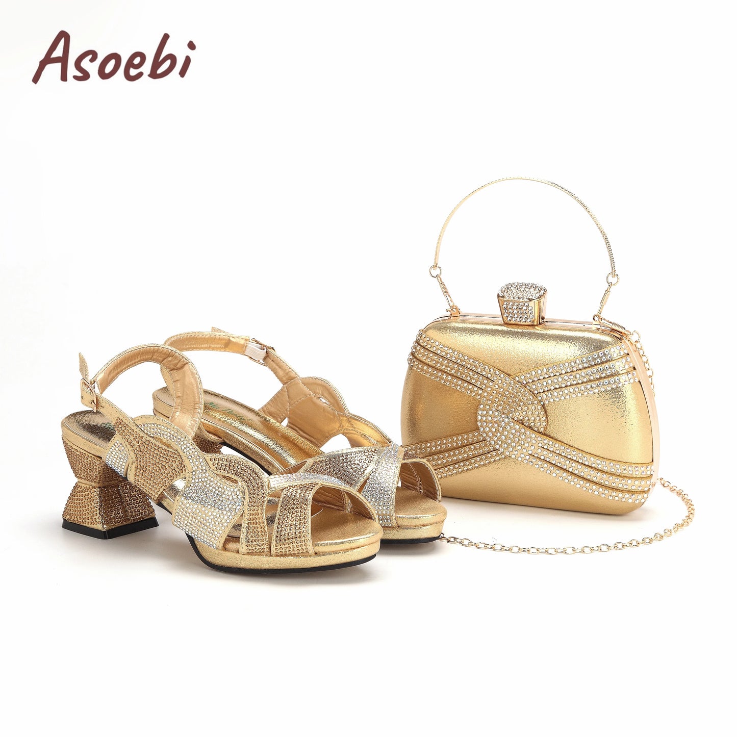 Black Color Sandals for Women 2024 Luxury Comfortable Pumps Low Heels Rhinestone Design Wedding Party Shoes and Bags Set