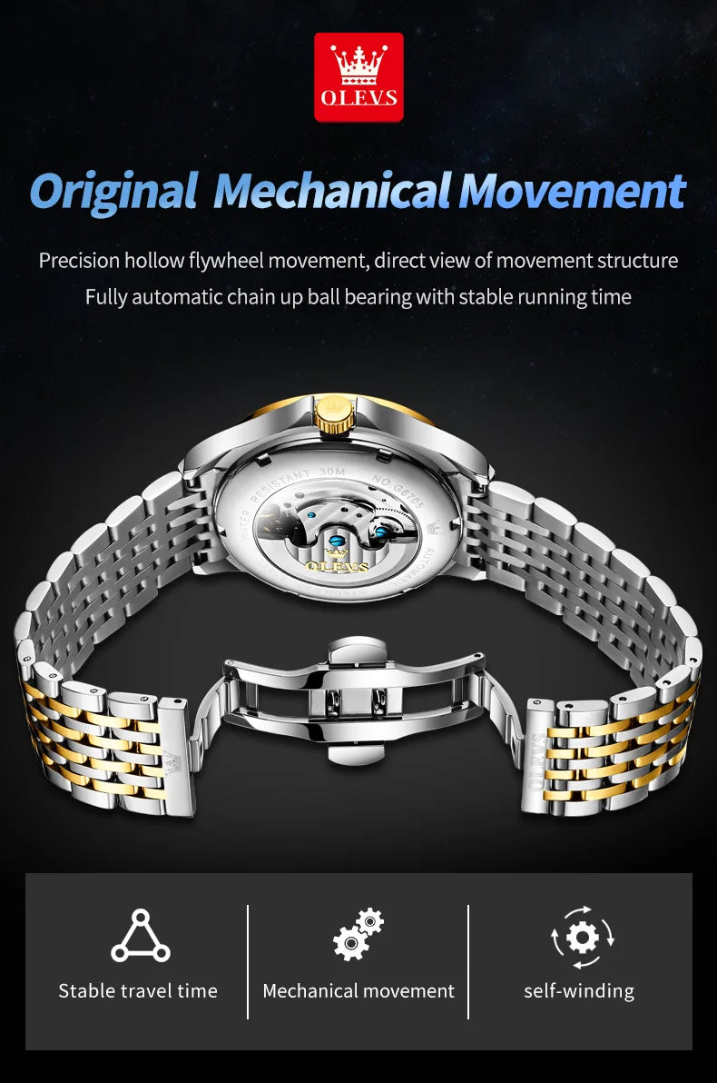 OLEVS Luxury Brand Men's Watches Luminous Waterproof Fully Automatic Mechanical Watch Starry Sky Dial Moon Phase Hollow Out