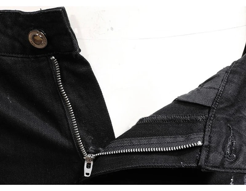 Streetwear Fashion Men Jeans Black Color Stretch Elastic Slim Fit Painted Ripped Jeans Men Patch Designer Hip Hop Pants Hombre