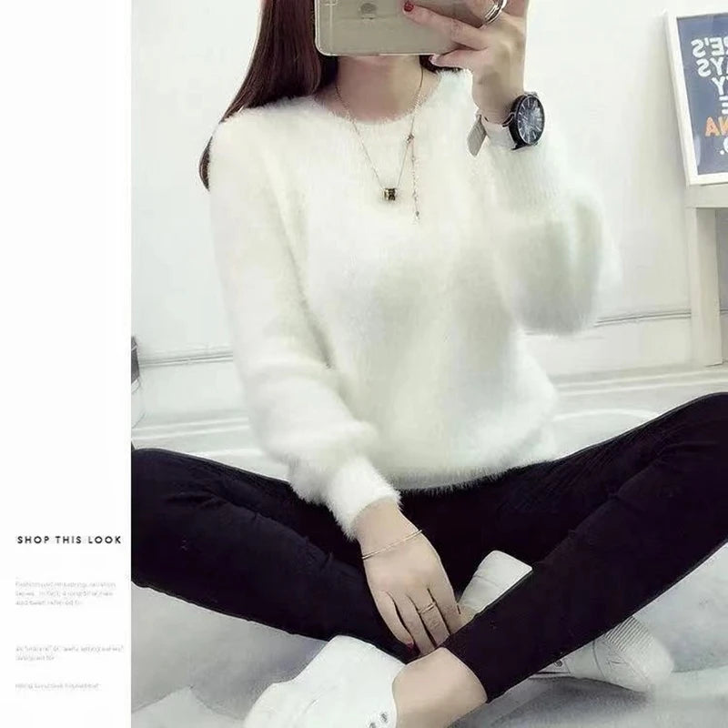 Winter Imitate Mink Wool Hot Flecing Long Puff Sleeve Female O-neck Elastic Casual Sweater Women Knitted Tops Pullovers Solid