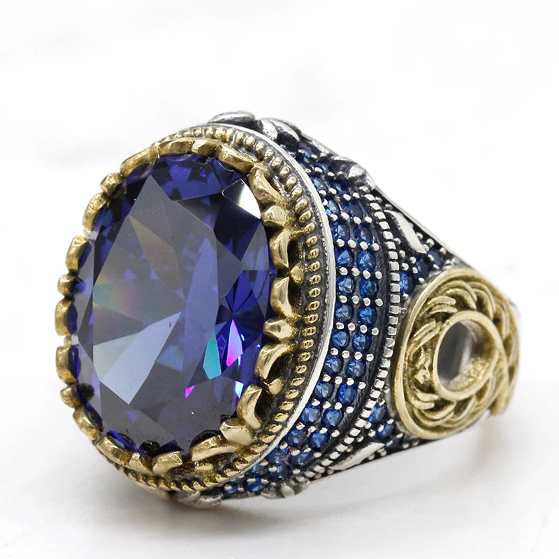 New Men's Ring 925 Sterling Silver with Blue Zircon Vintage Couple Ring Thailand Silver Jewelry Set Woman For Ring