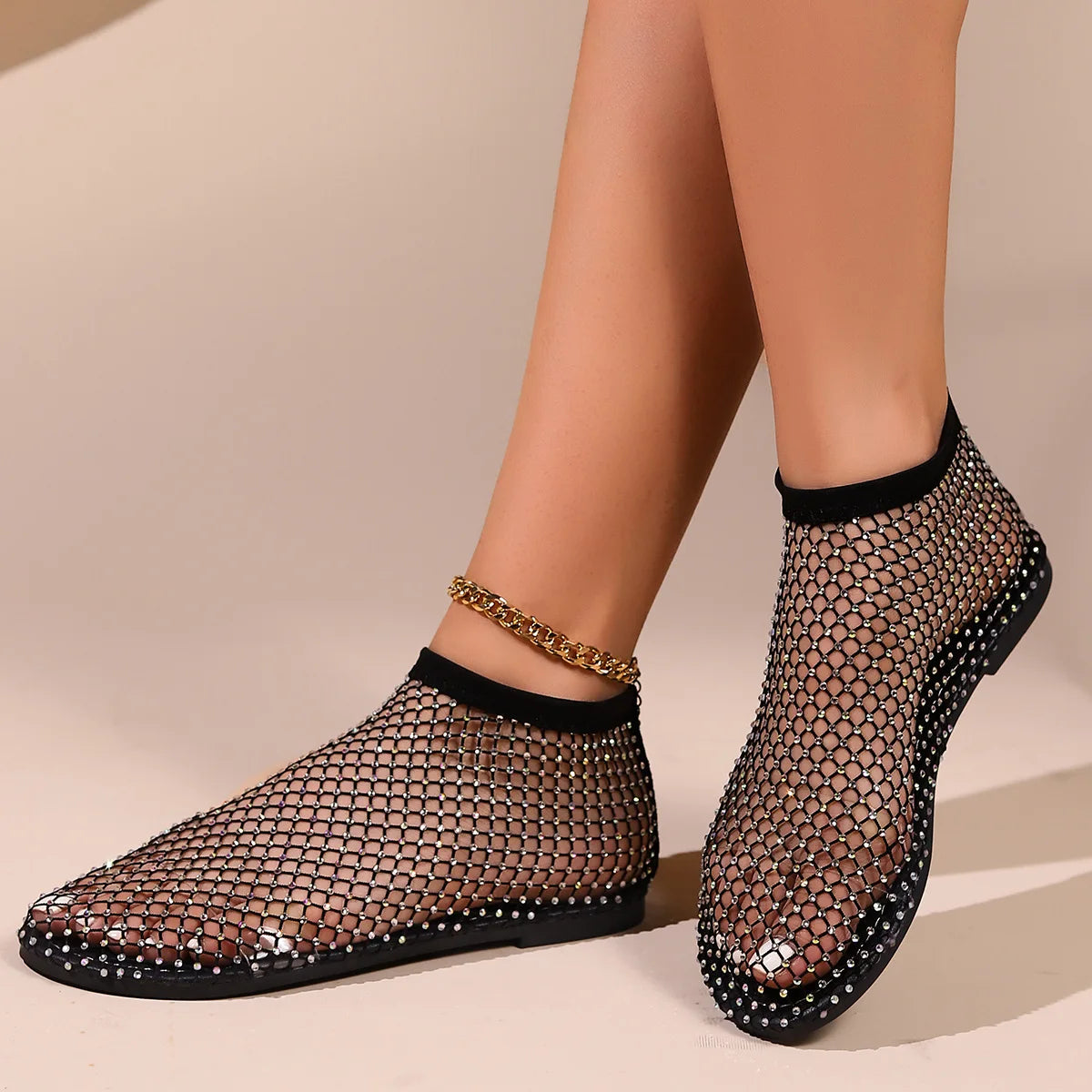Shiny Mesh Low Heel Sandals Woman Summer Flats Luxury Crystal Woman Shoes Stretchy Sexy Rhinestone Cold Boots Sandalias Mujer