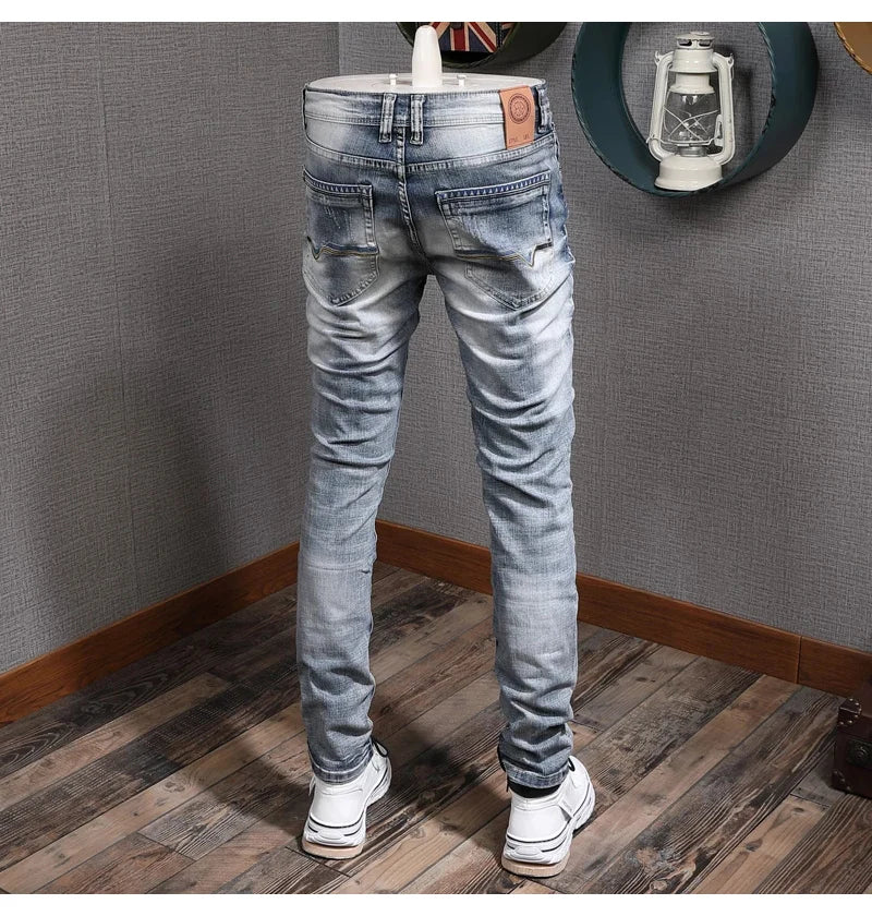 Fashion Designer Men Jeans Retro Light Blue Stretch Slim Fit Printed Ripped Jeans Men Hole Trousers Vintage Casual Pants Hombre