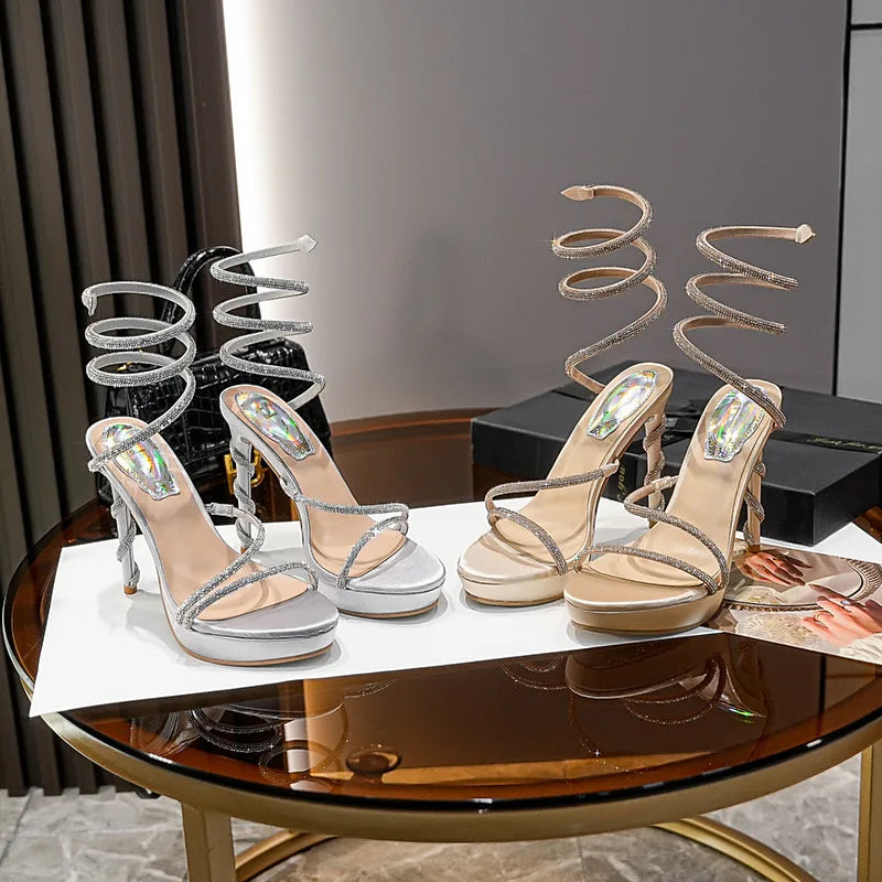 Summer new round toe waterproof table snake-shaped rhinestone women's shoes thin high-heeled banquet dress versatile sexy sandal