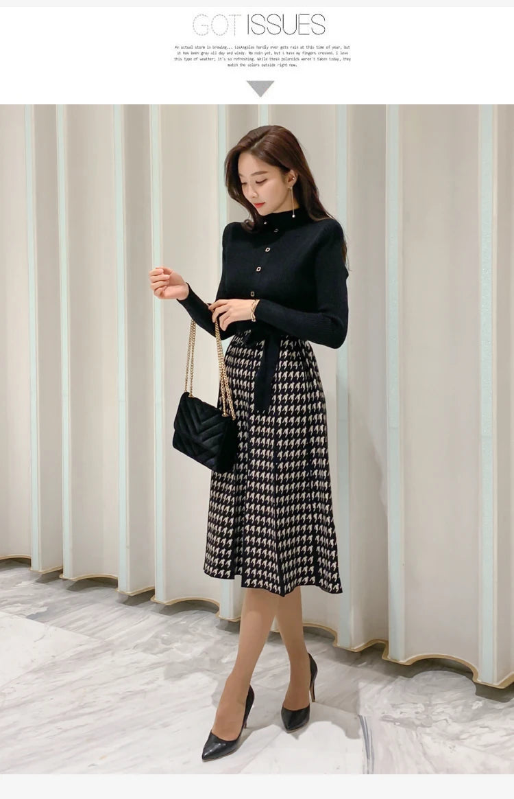 Korean Elegant Knitted Plaid Patchwork Midi Dress for Women Long Sleeve O-neck Bird Lattice Bow Pleated Dress Autumn Winter 2023