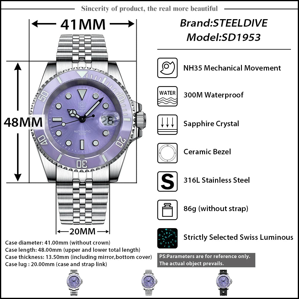 STEELDIVE New Color Scheme Classic Water Ghost SD1953 Swiss BGW9 Luminous NH35 Movement 30Bar Waterproof Mechanical Wristwatch