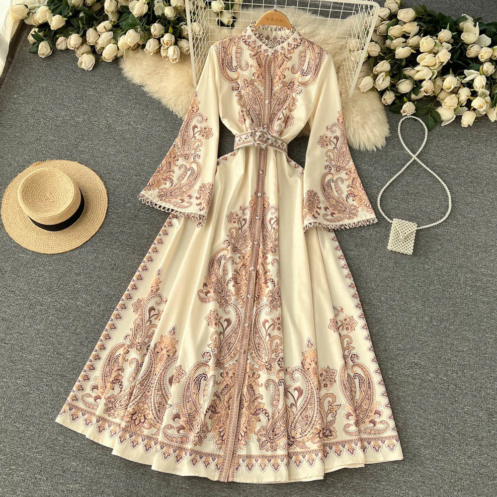 Spring Autumn Retro Long Dress Women Standing Neck Flared Sleeve Printed Party Dresses Ladies Slim A-line Court Style Long Robe