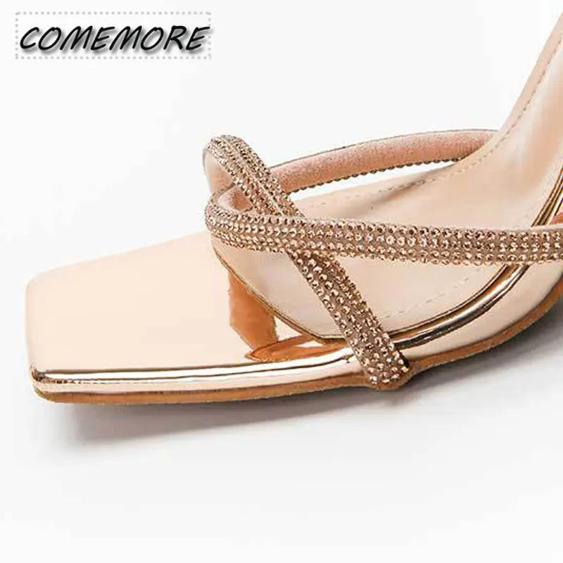 2023 Fashion Rhinestones Gladiator Silver High Heels Ankle Strap Strappy Sandals Women's Sexy Stiletto Party Bridal Shoes Summer