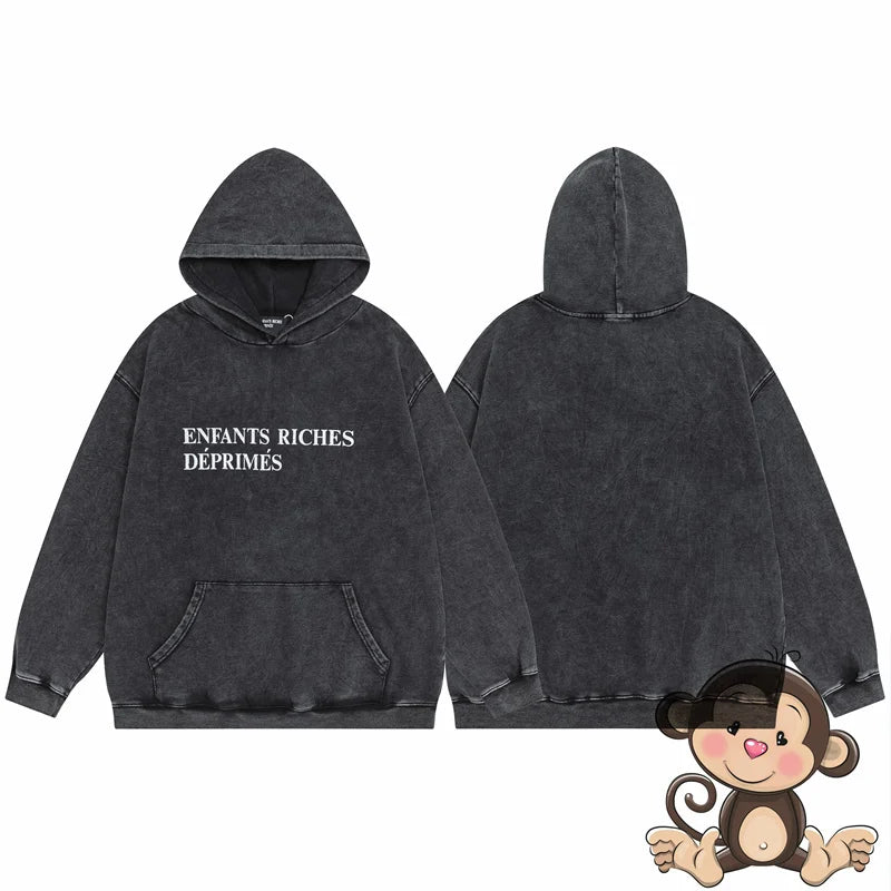 Retro washed black ERD hoodie loose casual men's and women's sportswear