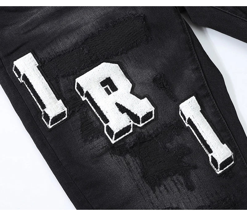 Designer High Street Fashion Men's Retro Black Jeans Stretch Slimming Ripple Jeans Men's Hip Hop Brand Pants Hombre