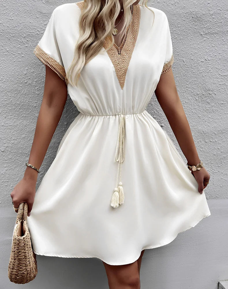 High Quality Dress Women Summer 2024 Casual Hollow Lace Patchwork V-neck Short Dress Tassels Tied Waist Belt Vintage Vestido Y2k