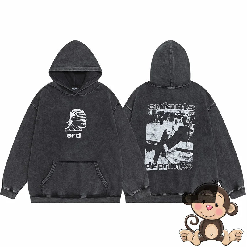 Retro washed black ERD hoodie loose casual men's and women's sportswear