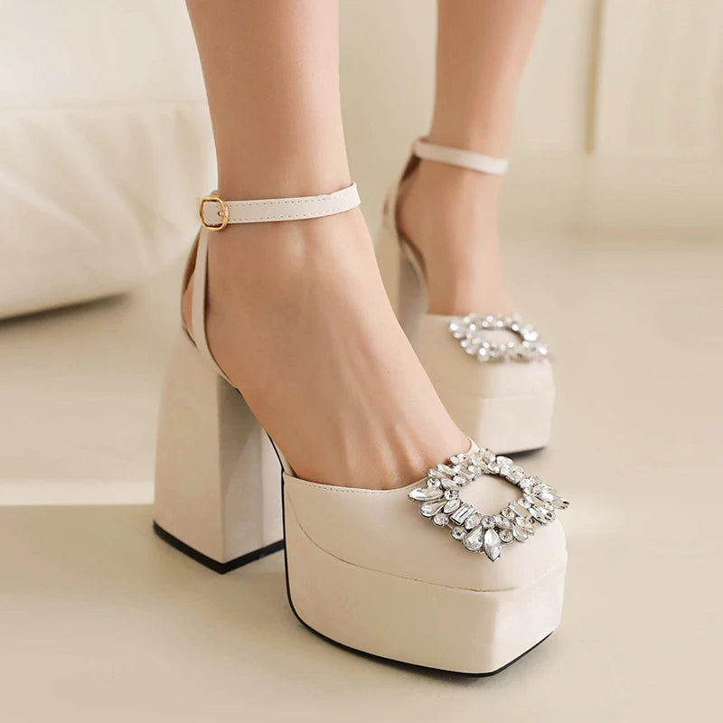 Plus Size Square Toe Super High Thick Heel Rhinestone Decal Hollow Sexy Women's Sandals Satin Fabric Ankle Strap Platform Sandal