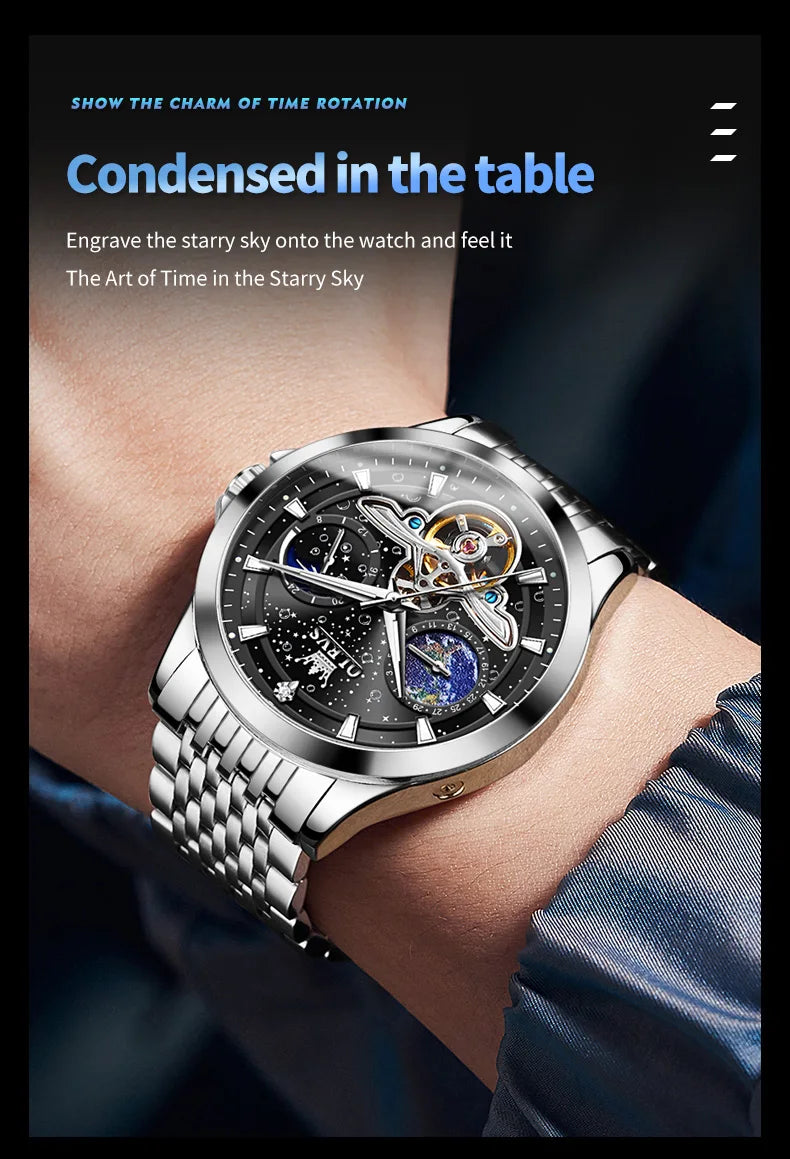 OLEVS Luxury Brand Men's Watches Luminous Waterproof Fully Automatic Mechanical Watch Starry Sky Dial Moon Phase Hollow Out