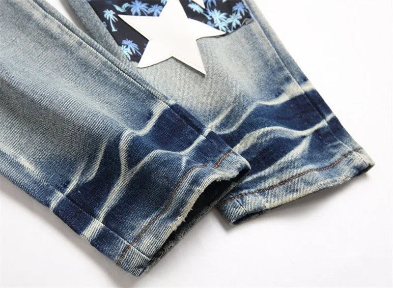 Summer Handmade Embroidery Jeans Men Pattern Small Foot Slim Fit Perforated 3D Skull Pants Worn Loose Vintage Stretch Street 024