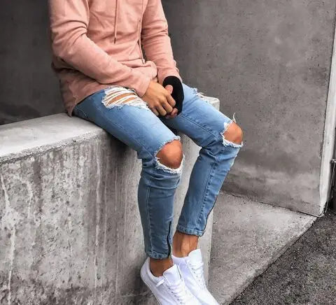 Men's Fashion Street Ripped Jeans, European and American Casual Non-Stretch Zipper At The Ankle Slim Jeans for Autumn S-XXXL