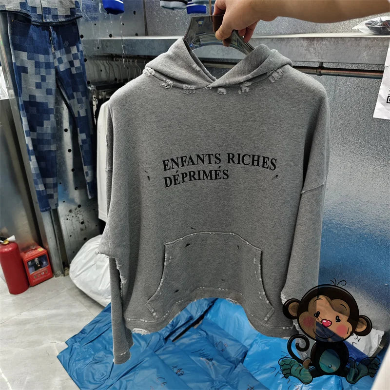 Washed Blue Best Quality 1:1 ERD Men's Hoodie Thick and Loose Enfants Riches D é Prim é s Printed Sweatshirt