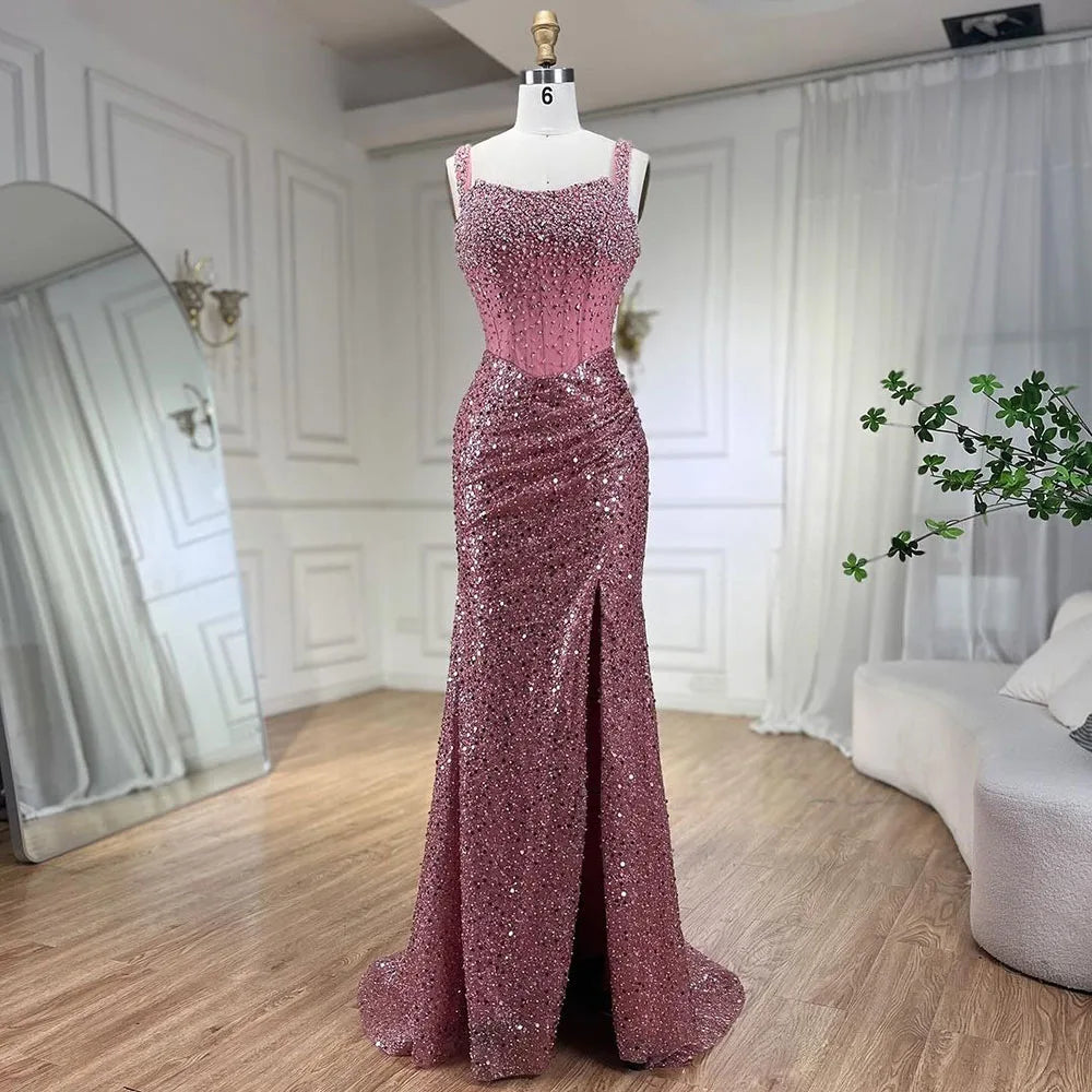 Serene Hill Beige Mermaid Floor Length Evening Gowns Luxury Beaded Crystal Spaghetti Strap Party Drsses For Women 2024 LA72163