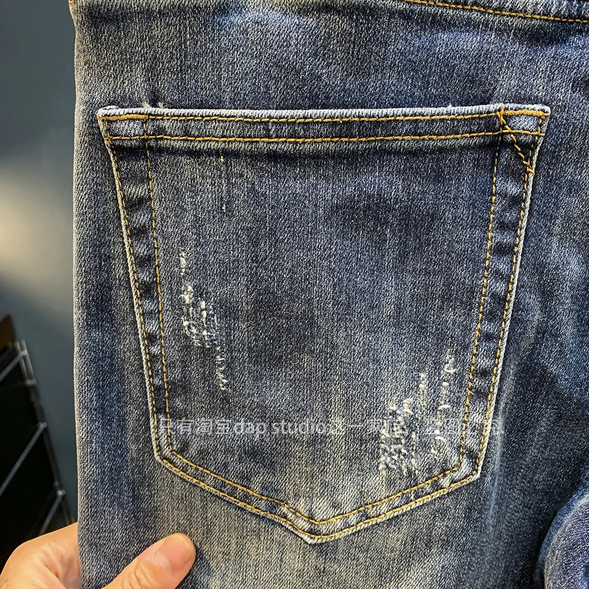 Light Luxury Jeans for Men 2024 Autumn Retro Distressed Casual Trousers Fashion Street Skinny Denim Pants
