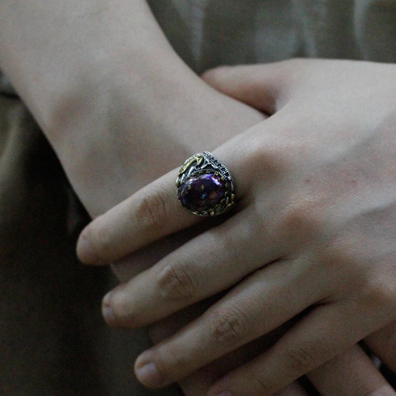 S925 Sterling Silver Oyster Turquoise Türkiye Handmade Men's Ring Muslim Islamic Women Purple Festival Jewelry Gift