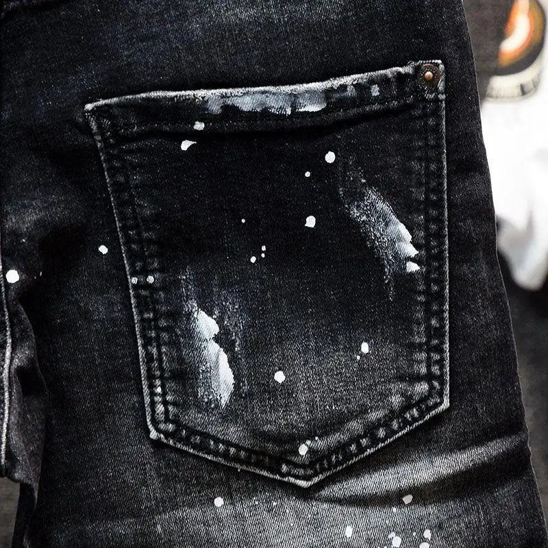 Luxury Brand Designer Clothes Men's Casual Denim Knee-Length Shorts Summer 2024 Fashion Black Patches Paint Jeans Shorts Men