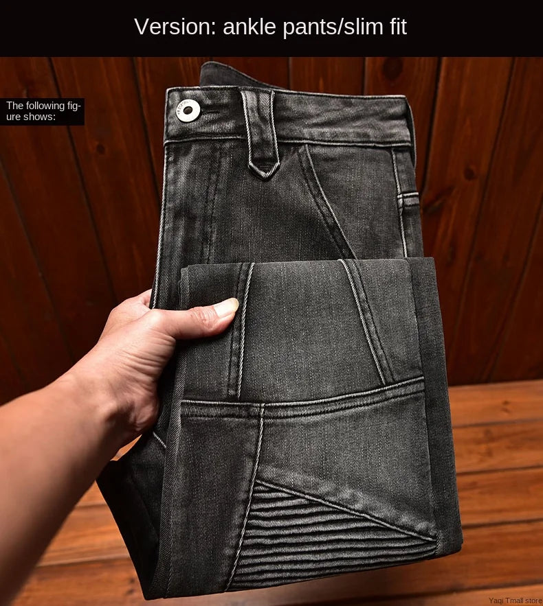 Motorcycle Jeans Black and Gray for Men 2024 Fashion Rock Skinny Pants Personality Stitching Vintage Men's Skinny Trousers