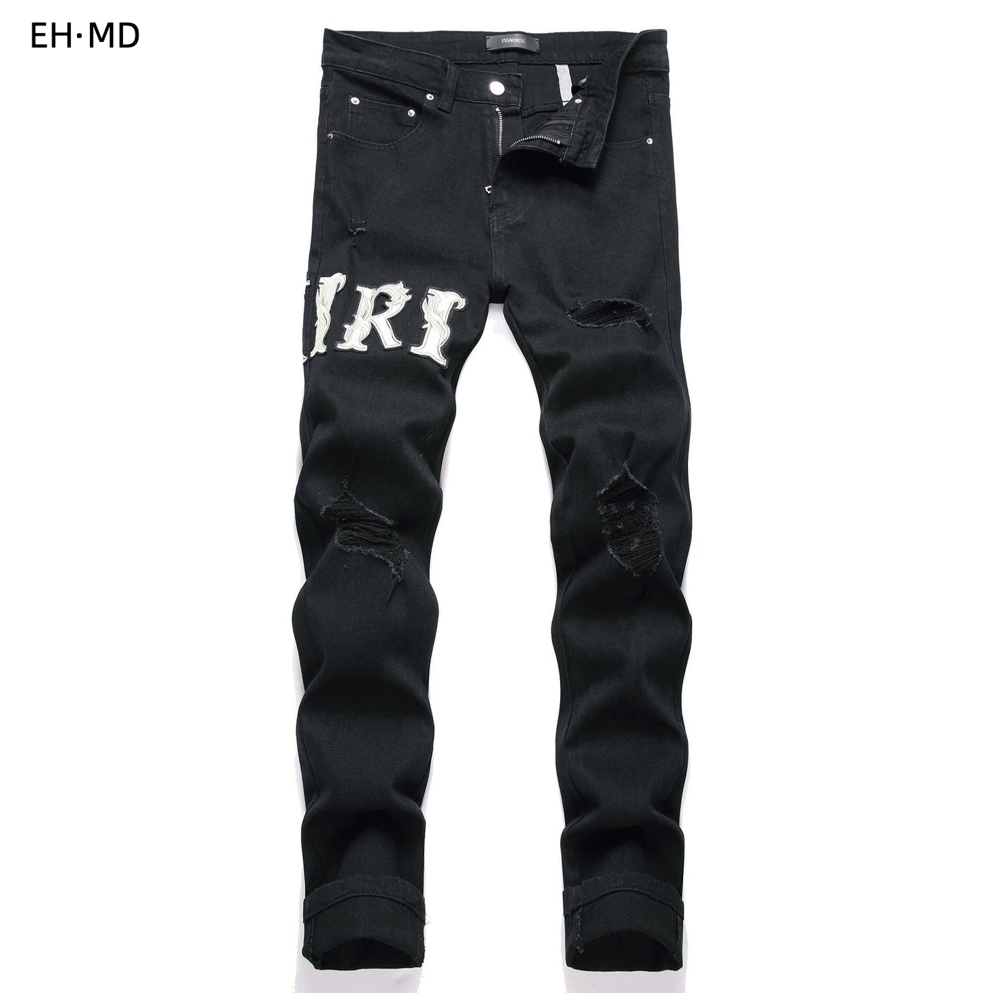 Summer Handmade Embroidery Jeans Men Pattern Small Foot Slim Fit Perforated 3D Skull Pants Worn Loose Vintage Stretch Street 024