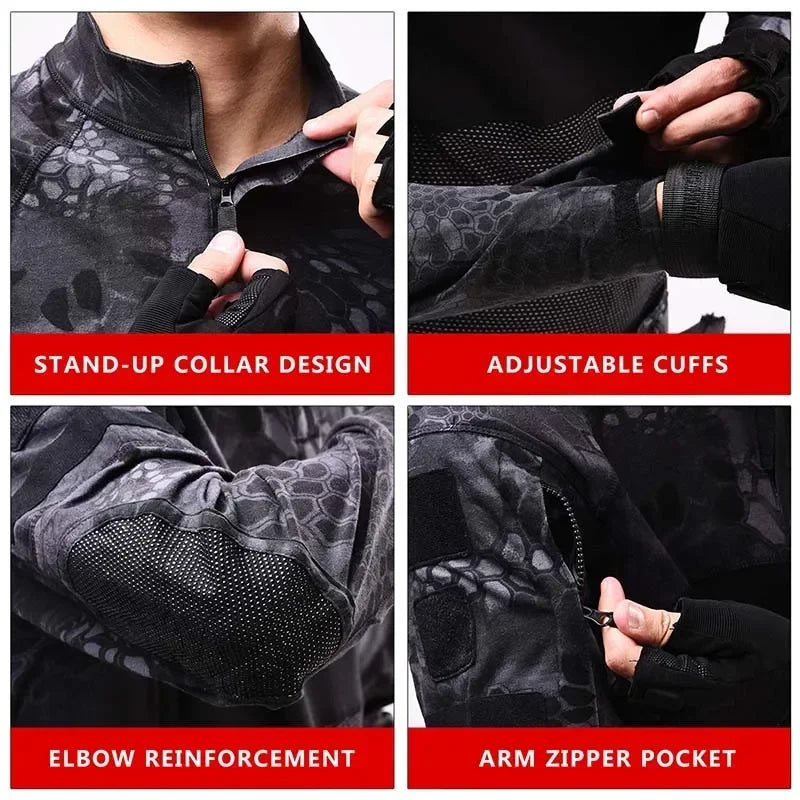 Combat Shirts 1/4 Zip Long Sleeve Tactical Shirts Breathable Outdoor Hiking Shirts Pullover Tops Hunting Clothes Wear Resistant